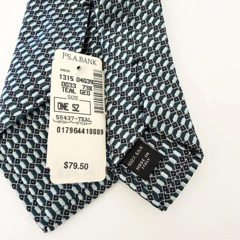 Vtg Jos A Bank Joseph 100% Silk Tie Teal Art Deco Geometric Made Italy NWT